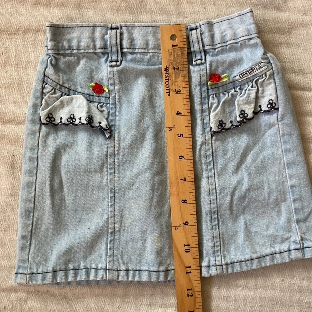 VINTAGE 80s 90s Skirt Denim Lace Grunge 6 Kids Dress Roses Light Wash Acid Mini